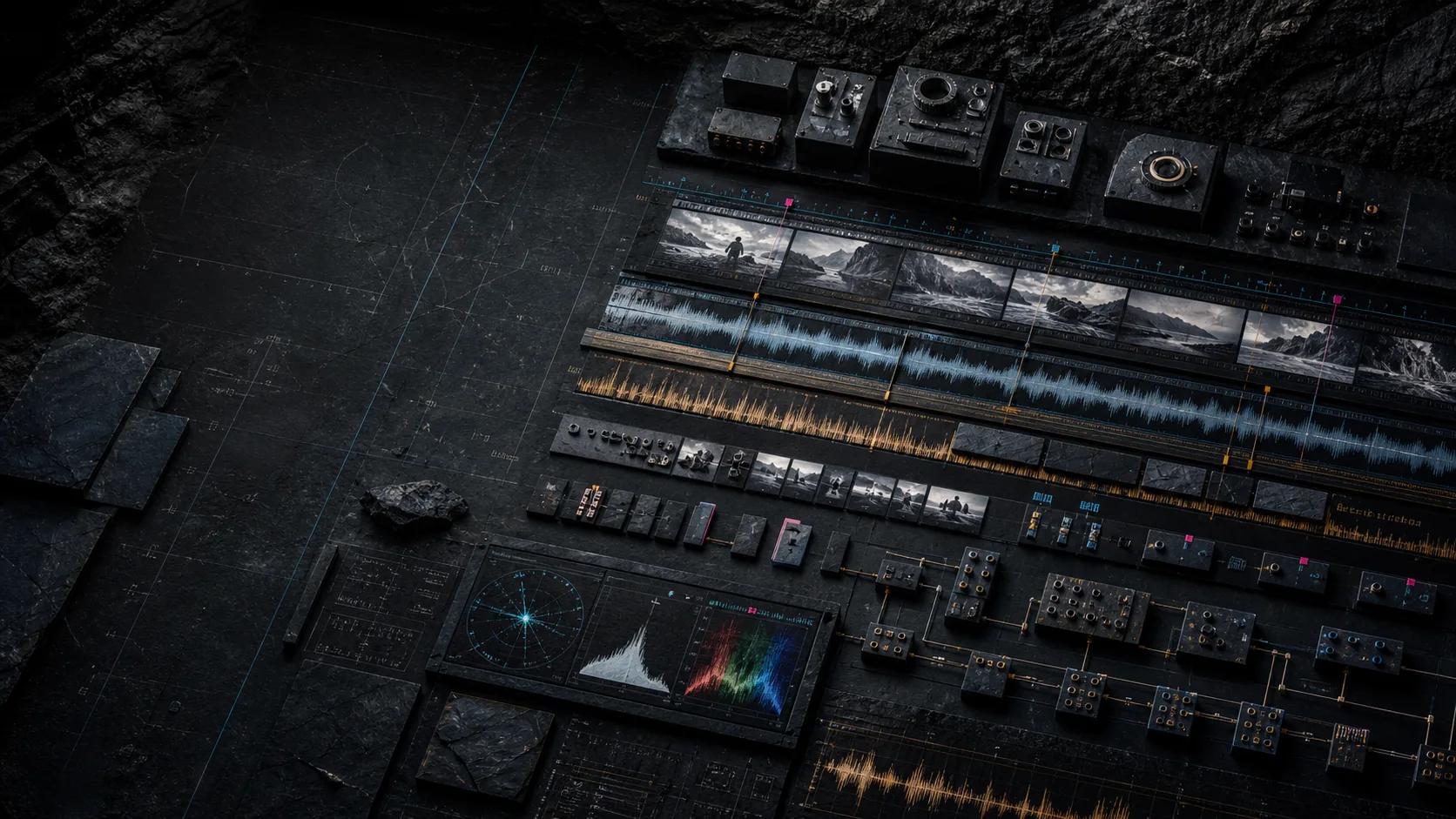 Creative suite artwork with film frames, audio waveforms and connected editing tools on a dark stone workbench