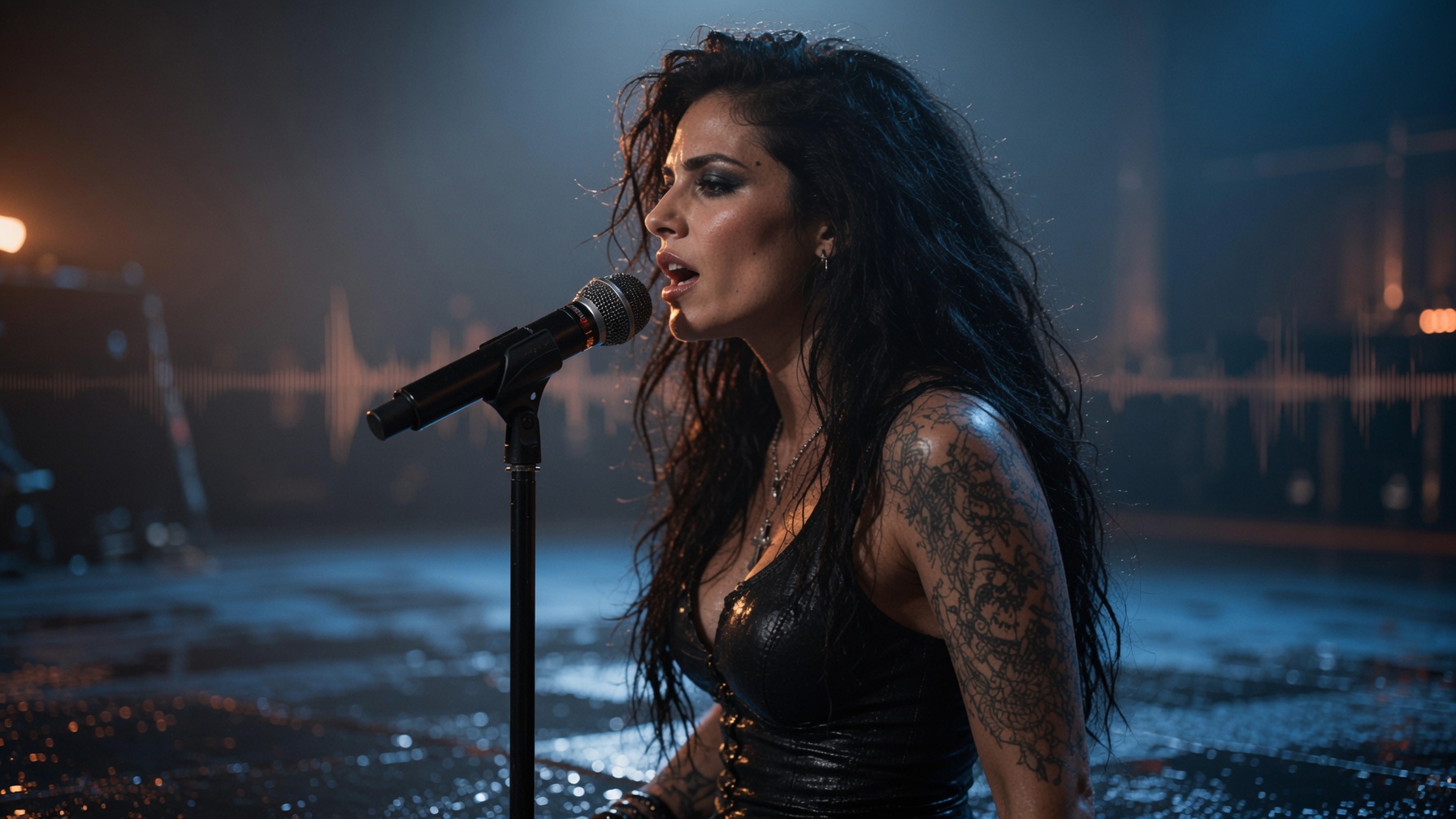 Isabella singing at a microphone